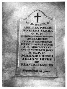 Tablet marking the tomb of Father Junipero Serra at Mission San Carlos Borromeo, Monterey, ca.1905