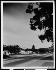 Huston Street and Laurel Canyon Boulevard lined with houses, North Hollywood, 1930-1939