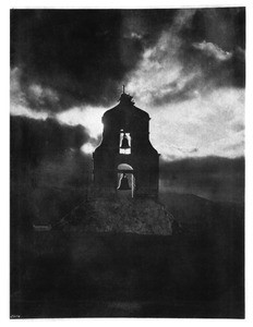 View of the bell tower of Mission Asistencia of San Antonio at Pala at dusk (or dawn?), ca.1883