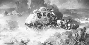 Painting by Einar Corsten Petersen, depicting a stage coach arriving in California, ca.1860