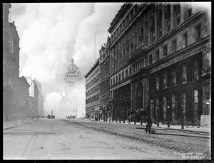 View of buildings burning in the fire following the earthquake in San Francisco, 1906