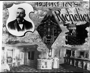 Composite image of Bob Kern's Richelieu Cafe, showing the interior of the restaurant, its owner and the exterior