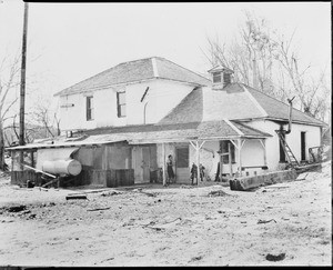 Exterior view of the stone tavern at the entrance to Devore Canyon, Cajon Pass, ca.1884