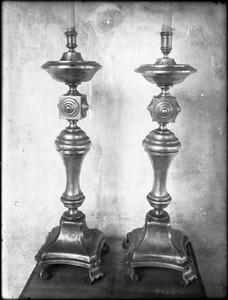 Pair of silver altar candlesticks at Mission San Juan Capistrano, California, ca.1900