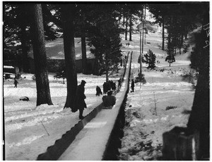 People gathered around a slim tobogganing slope at Big Pines Camp, ca.1928