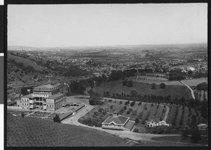 Birdseye view of the Sacred Heart Novitiate, Los Gatos, and Santa Clara Valley, ca.1900