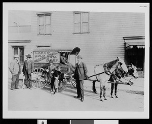 Los Angeles Soap Company delivery wagon, featuring L.K. Williams standing in front, 1887