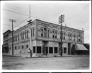 Exterior view of the San Bernardino Post Office building and Business College, ca.1905