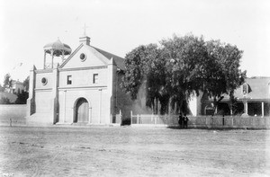 Exterior view of the Los Angeles Mission's Plaza Church, ca.1889