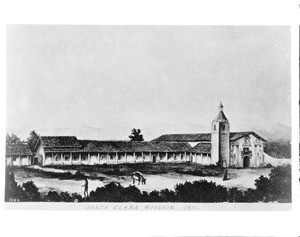Drawing by Edward Vischer depicting the exterior of the Mission Santa Clara as it appeared in 1851