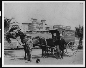 Los Angeles Soap Company horse and wagon standing in front of the Potter Hotel in Santa Barbara, ca.1905