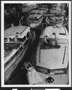 Workers in a small yacht factory, ca.1940