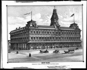 Lithograph of the Baker Block on the corner of Main Street and Arcadia Street in Los Angeles, 1880-1889