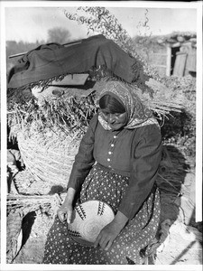 Chemehuevi Indian woman basket maker with a basket on her lap, ca.1900