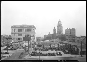 Los Angeles City Garage with the civic center in the background, 1927