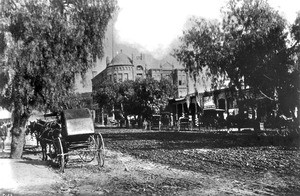 View of Broadway looking north from Second Street, showing the Los Angeles Times building in the background, ca.1889