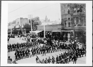 Military unit marching in San Diego's July Fourth parade on Fifth Street, July 4, 1903