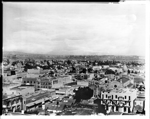 Panoramic view of downtown Los Angeles from the City Hall Tower looking east, about February 22, 1890