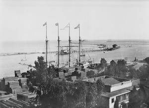 Lumber dock at the San Pedro Harbor Entrance between Dead Man's Island, West Jetty and Terminal Island ca.1895