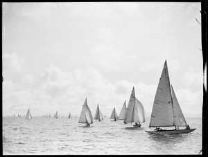 View of a group of sailboats, the "marin leading fleet," ca.1934