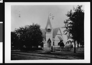 Exterior view of the San Bernardino Congregational Church from the cross street, ca.1903