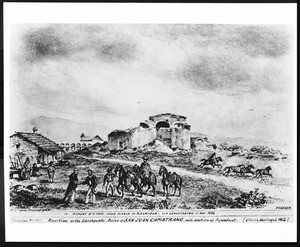 Drawing by Edward Vischer depicting a farewell in front of the earthquake-ruined Mission San Juan Capistrano, 1842