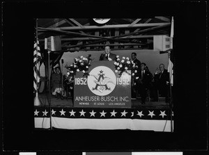 Man speaking at Anheuser-Busch's Budweiser groundbreaking, Van Nuys, 1952