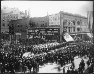 Cornerstone laying ceremony at Chamber of Commerce Building, between 1st Street and 2nd Street on Broadway, 1903