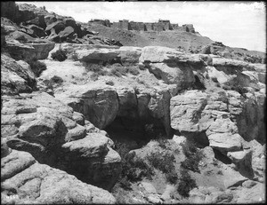 Hopi Pueblo of Shipaulovi (Shiplaulvi) as seen from the Mishongnovi (Mashonguavi) foot trail, ca.1900