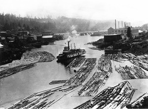 Log rafts being made in Oregon City, Oregon, ca.1900