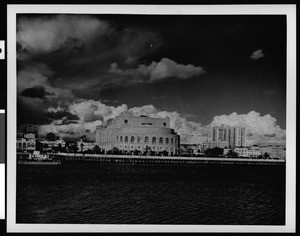 Exterior view of the Municipal Auditorium as viewed from the ocean, Long Beach, ca.1930