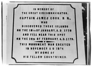 Plaque in memory of James Cook's circumnavigation of the globe, Hawaii