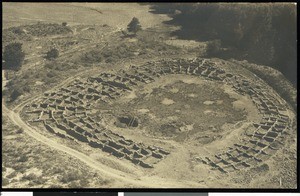 An aerial view of the ruin of the ancestral Pueblo village of Tyuonyi in Bandelier National Monument, Los Alamos, New Mexico, 1900-1940