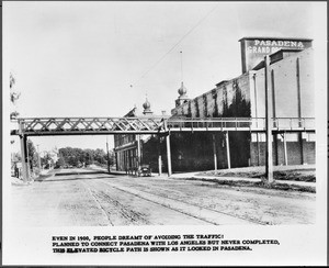 Uncompleted elevated bicycle path connecting Pasadena and Los Angeles, ca.1900