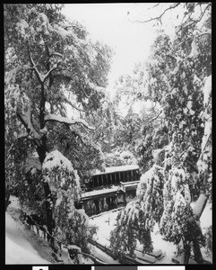 Peaceful snow scene at Ye Alpine Tavern along the Mt. Lowe Railway