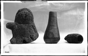 Indian cliff dweller stone idol, vase, and pipe, 1895