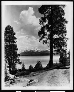 View of Lake Tahoe from a nearby path, ca.1910