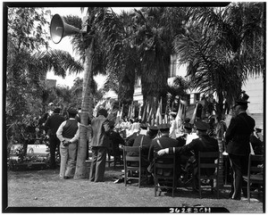 Band members watching the dedication of Simon Bolivar Plaza on Pan American Day, Los Angeles