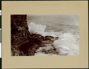 Surf breaking on rock at Point Fermin, San Pedro, 1905