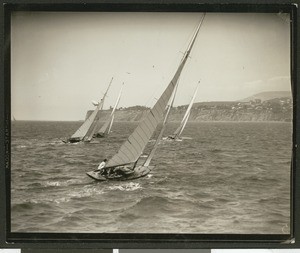 Four single-masted sailboats sailing toward the coast, perhaps Point Vicente, north of Los Angeles Harbor