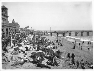 Crowds of people on Santa Monica Beach, ca.1900