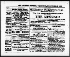 Portion of the Amusements section of the Los Angeles Express Newspaper, December 21, 1893