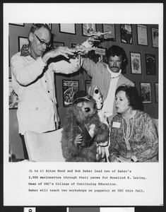 Bob Baker, Alton Wood and Rosalind Loring manipulating marionettes, 1978