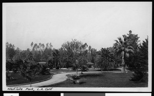 View of a dirt path winding through Westlake Park in Los Angeles