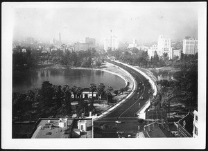 View of Westlake Park (later MacArthur Park) and the Wilshire Causeway, 1930-1939