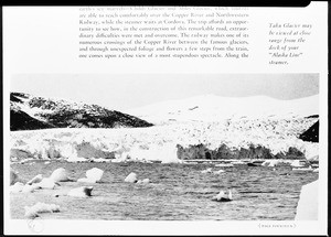 Large body of water with pieces of glacier jutting from the water, showing mountains in the background, Alaska, 1935