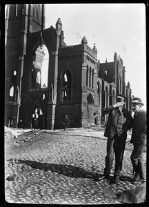 Exterior view of Grace Church, showing earthquake damage, California, 1906