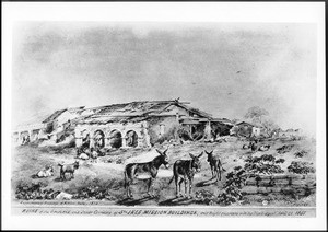 Drawing by Edward Vischer depicting the ruins of the Mission Santa Ynez as seen from the south, April 22, 1865