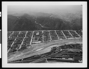 Aerial view of Chavez Ravine with the Los Angeles River in the foreground