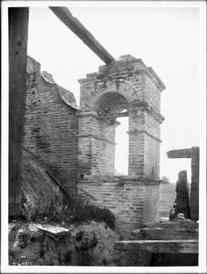 Pierced bell tower in the brick fachada of Mission San Antonio de Padua, California, ca.1906